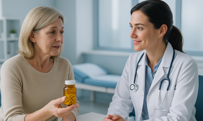 Doctor explaining medication to elderly woman in clinic setting.