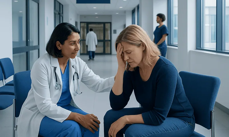 Compassionate doctor comforting a patient in a hospital corridor.
