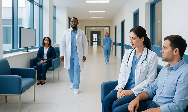 Medical professionals and patients in a modern hospital corridor.