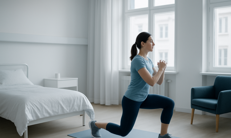Woman doing lunges in a bright, modern bedroom for core fitness.