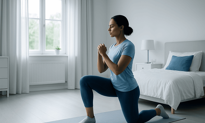 Woman doing lunges in a bright bedroom for arm exercise.