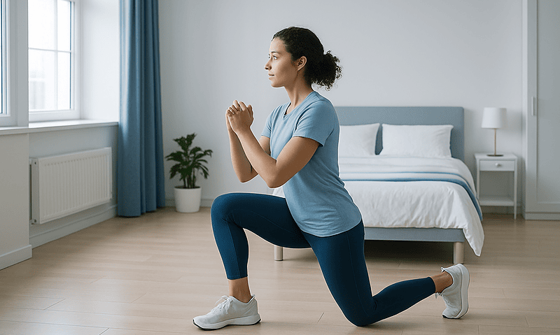 Woman doing lunges for back exercise in a bright bedroom.