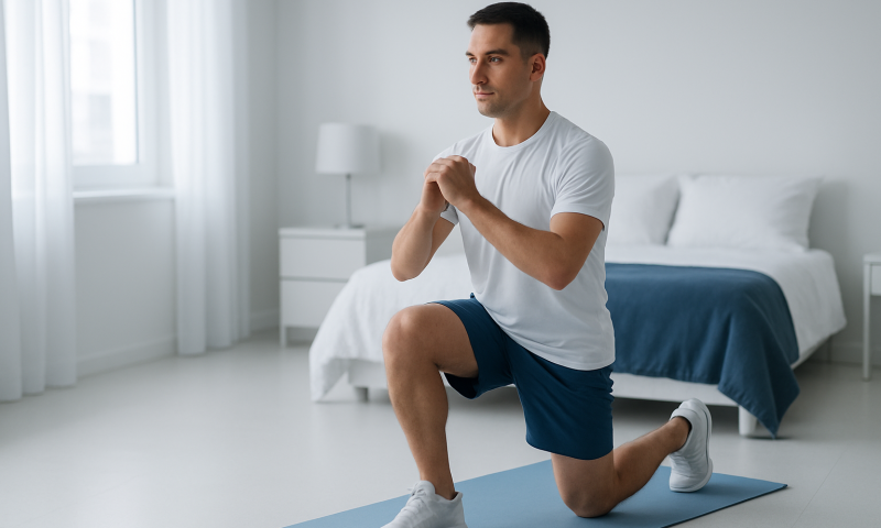 Man performing knee lunge exercise for bone health at home.