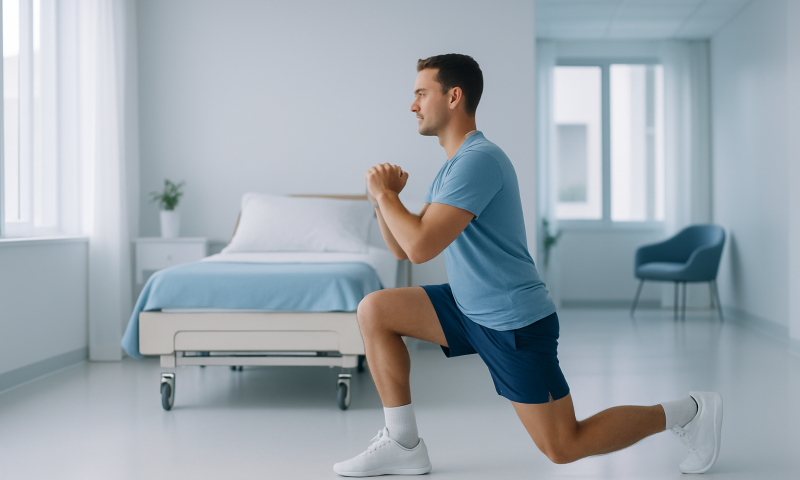 Man performing knee lunge exercise in a bright hospital room.