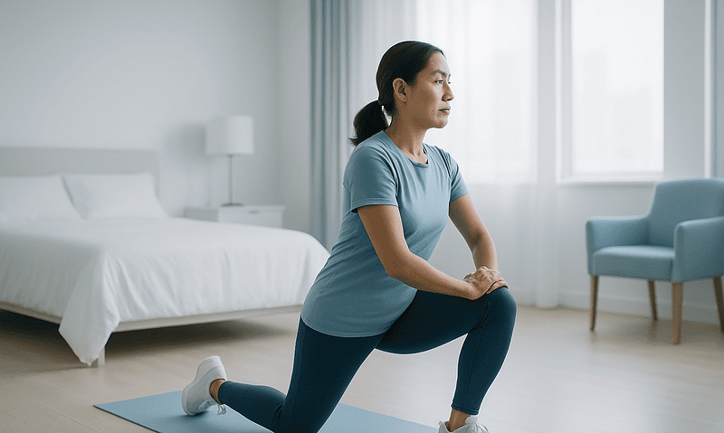 Woman doing lunges for endurance exercise indoors.