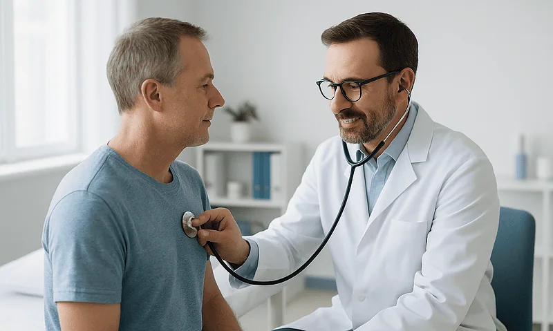 Doctor listening to patient's heartbeat with a stethoscope in a clinic setting.