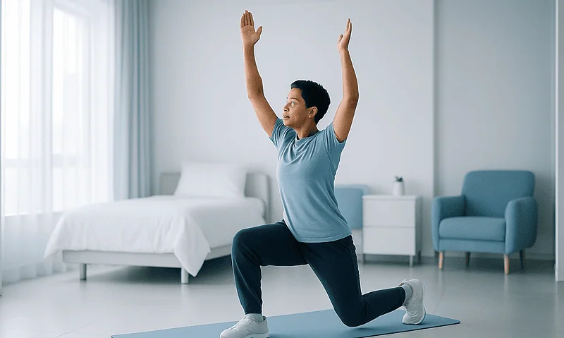 Woman practicing yoga for lung health in a bright room.