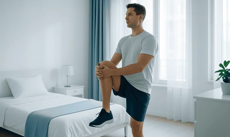 Young man stretching in a bright, modern bedroom for fitness and health.