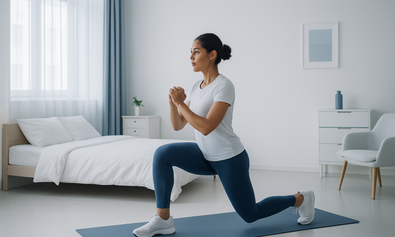 Woman performing lunges for mobility in a bright bedroom.