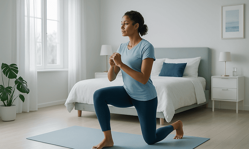 Woman practicing yoga in a bright, modern bedroom for posture improvement.