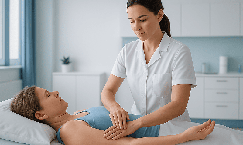 Therapist performing lymphatic drainage massage on patient in clinic.