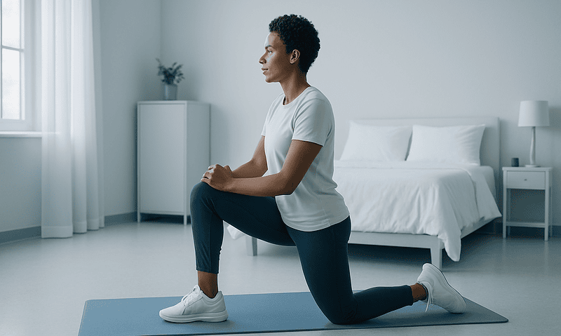 Woman doing lunges in a bright, modern bedroom for upper body exercise.