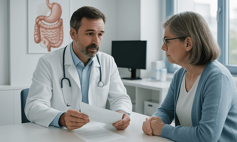 Doctor consulting with a patient in a medical office with digestive system diagram.
