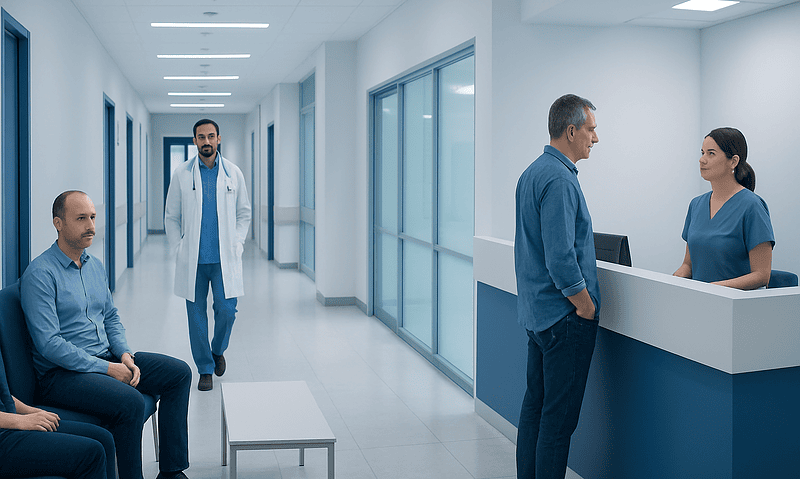 Patients waiting and consulting at a modern hospital reception area.
