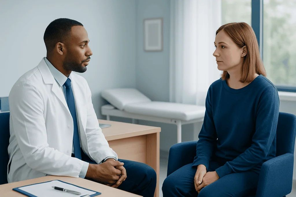 Doctor consulting with a young female patient in a medical office.