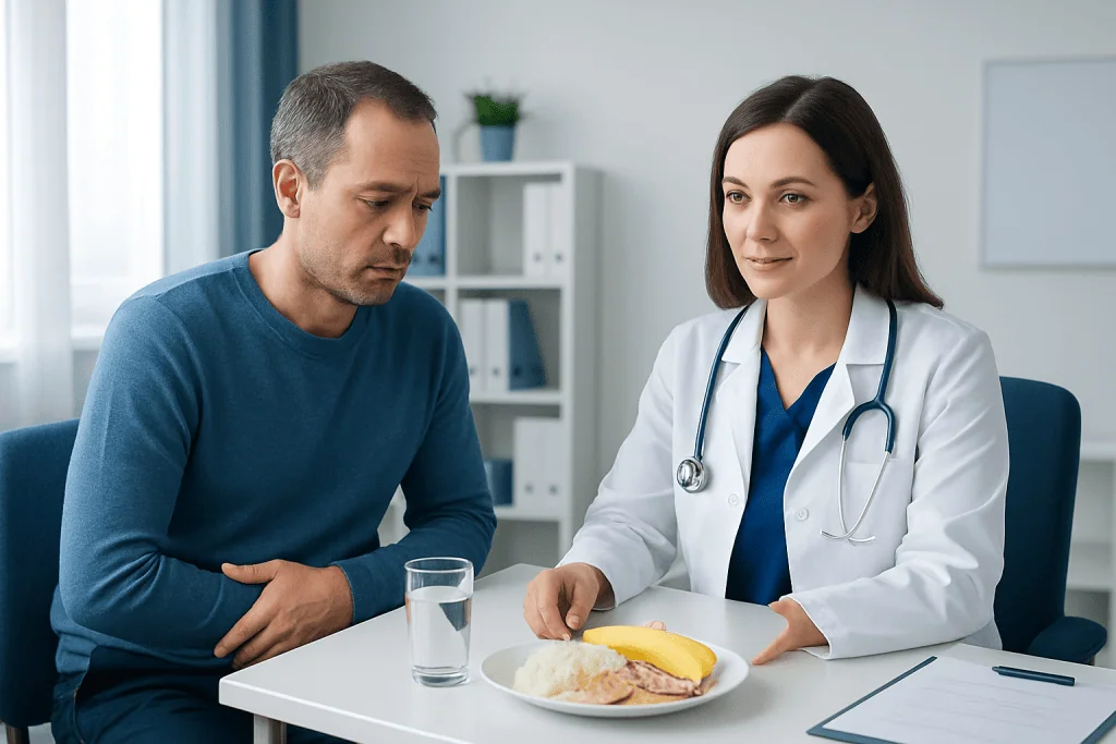 Doctor consulting with patient about diet and health in a medical office.