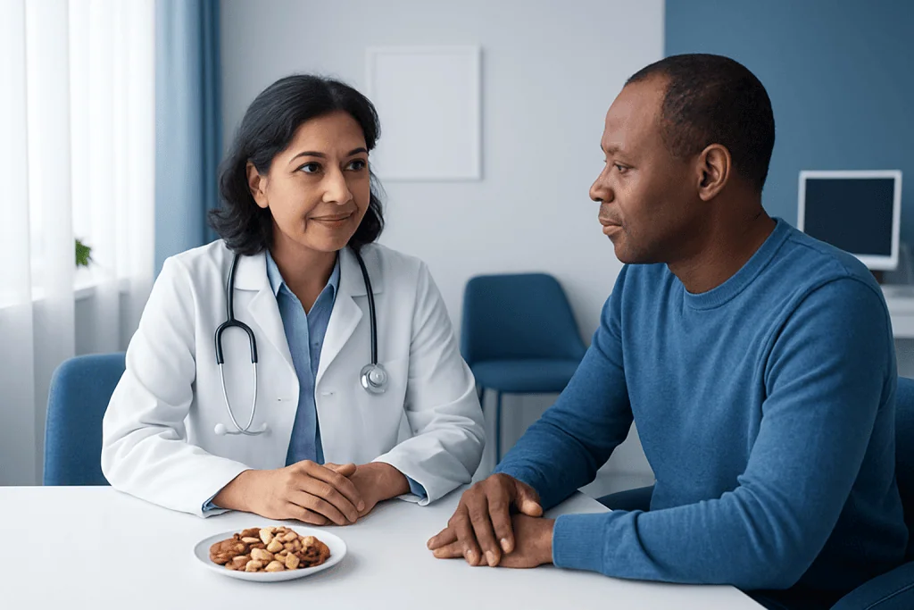 Doctor consulting with patient about nuts and diabetes management.