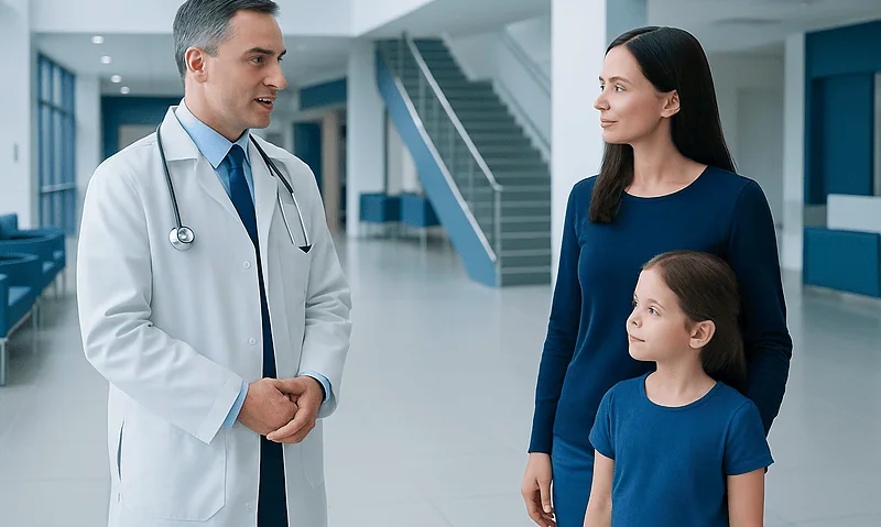 Pediatric cardiologist consulting with mother and daughter in hospital.