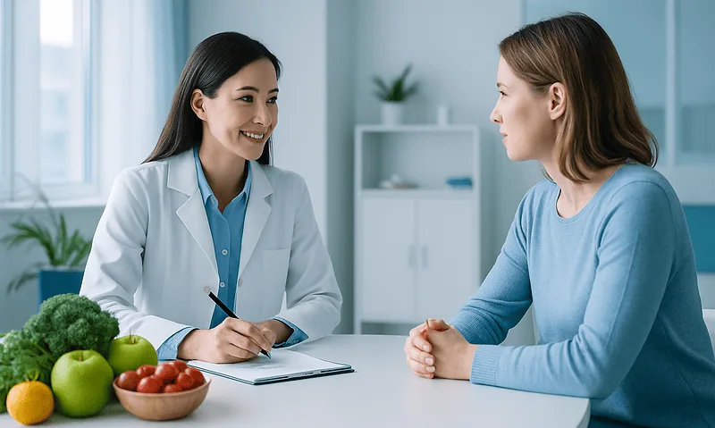 Doctor consulting with patient in a medical office with healthy fruits on the table.