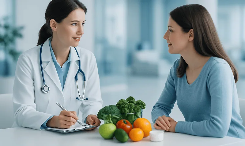 Doctor consulting with a patient about healthy eating and nutrition.