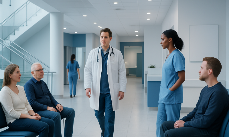 Doctor discussing heart valve health with patients in hospital corridor.