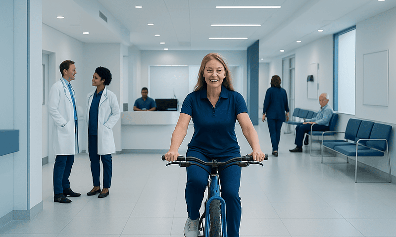 Happy woman riding a bicycle in a hospital corridor for health and wellness.