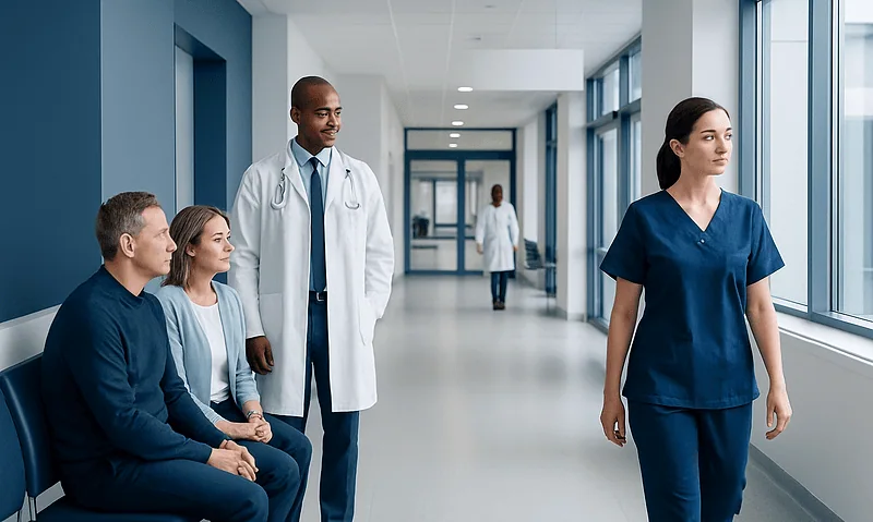 Medical team and patients in hospital corridor at Acibadem Hospitals Group.