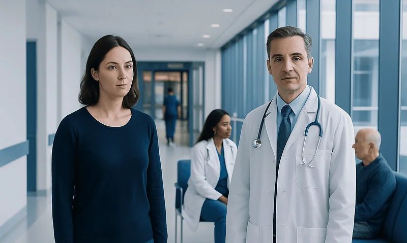 Doctor and patient in hospital corridor at Acibadem Hospitals Group.
