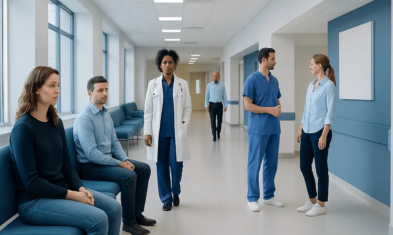 Medical team and patients in a hospital corridor at Acibadem Hospitals Group.