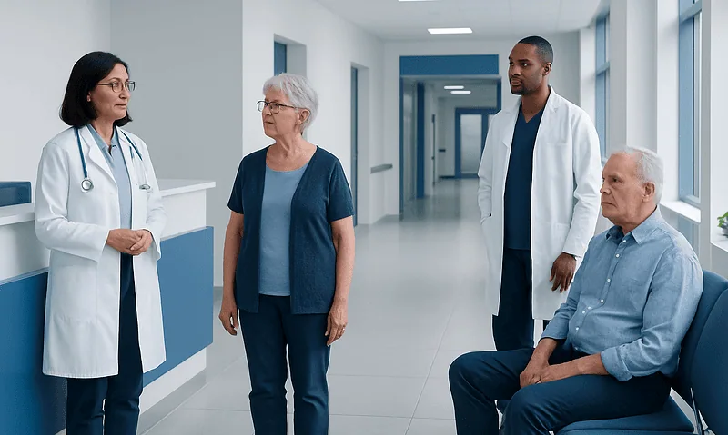 Medical team discussing patient care in hospital corridor.