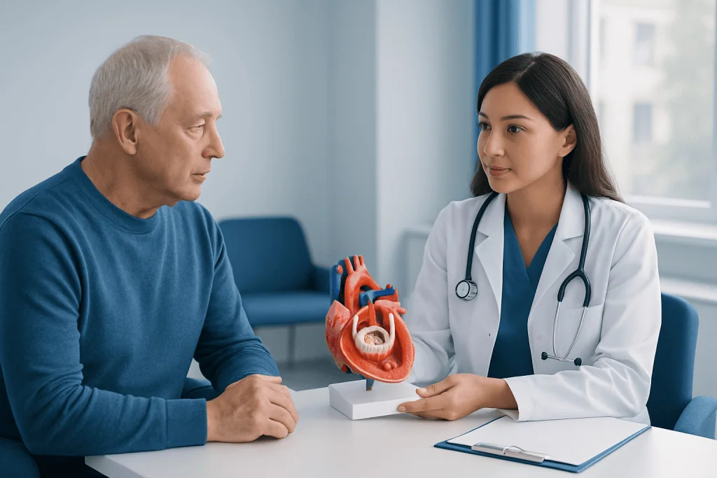 Doctor explaining heart valve model to an elderly patient in a consultation room.
