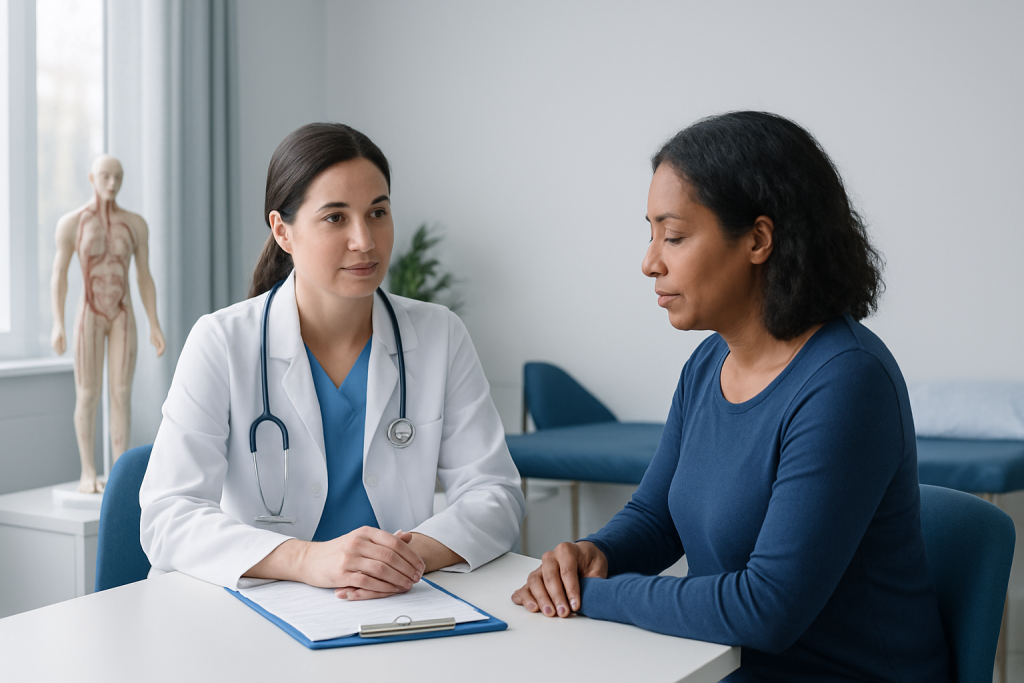 Doctor consulting with patient in a medical office setting.