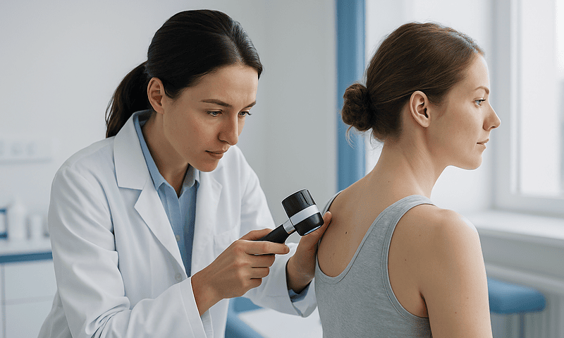 Doctor examining woman's skin with dermatoscope in clinic setting.