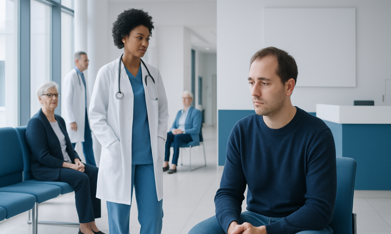 Doctor consulting with patient in hospital waiting area.
