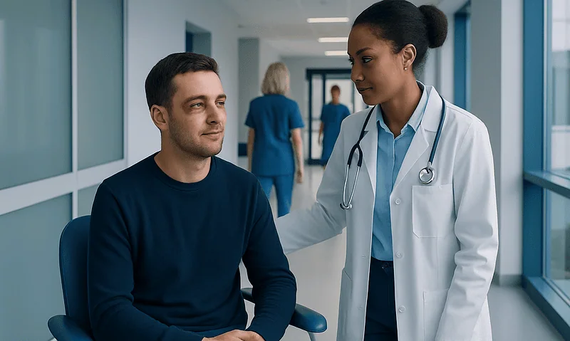 Doctor examining a patient with a black eye in a hospital corridor.