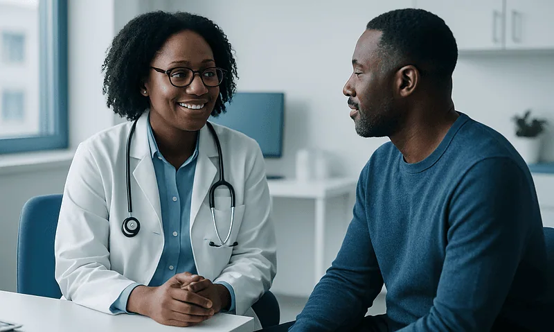 Doctor consulting with a male patient in a medical office setting.