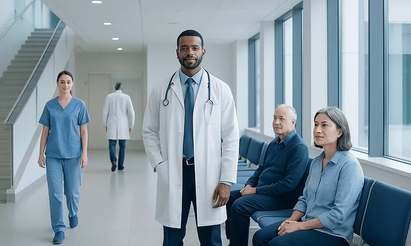 Diverse medical team in hospital corridor with patients and staff.