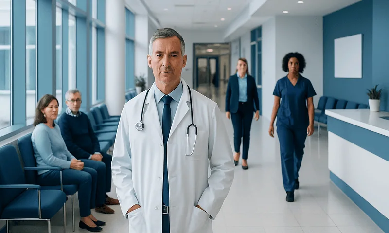 Medical team at a hospital corridor with doctor and nurses.