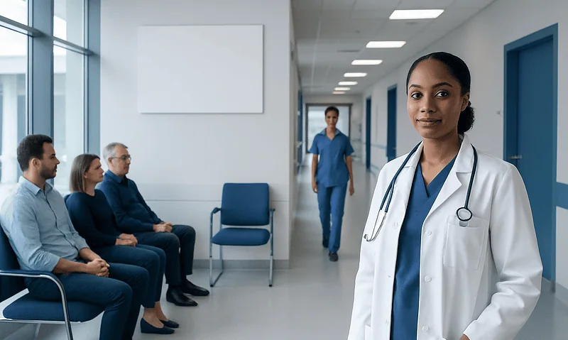 Medical professional in hospital corridor with patients waiting.