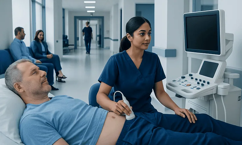 Urologist performing bladder ultrasound on patient in hospital corridor.