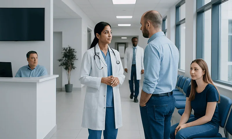 Doctor consulting with patient in hospital corridor.