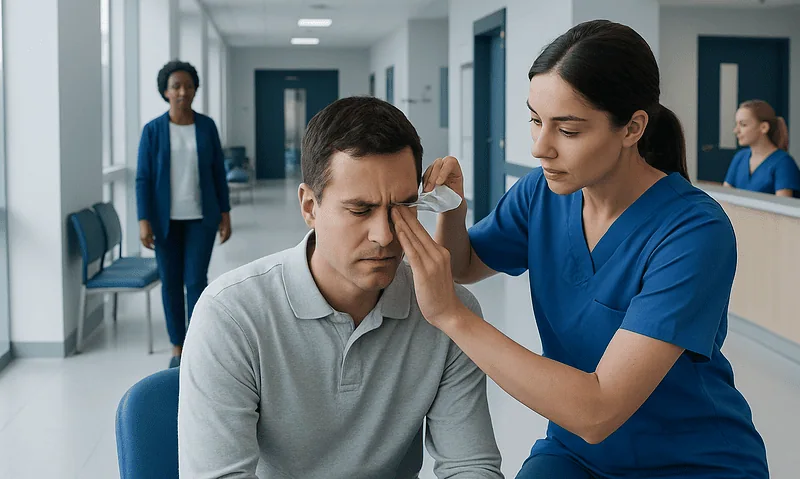 Medical professional examines patient's eye in hospital corridor.