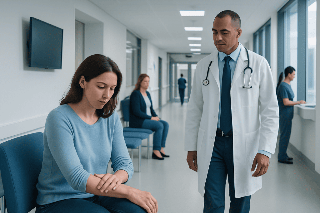 Bleach on Skin — Explained by Medical Evidence, Not Myths 1 Doctor consulting a patient with skin concern in hospital corridor.