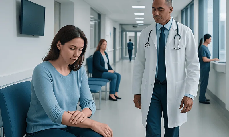 Doctor consulting a patient with skin concern in hospital corridor.