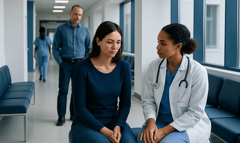Doctor consulting patient about gynecological health in hospital corridor.