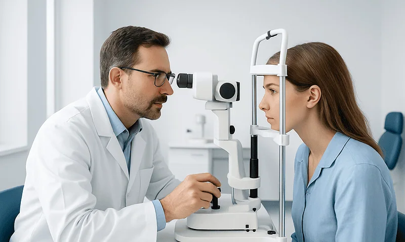 Ophthalmologist examining a patient's eyes with a slit lamp in a clinical setting.
