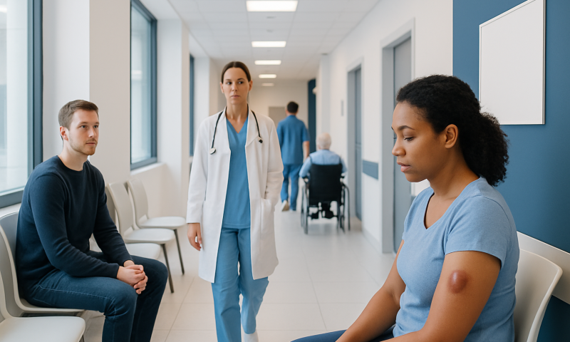 Patient with arm allergy in hospital waiting area.