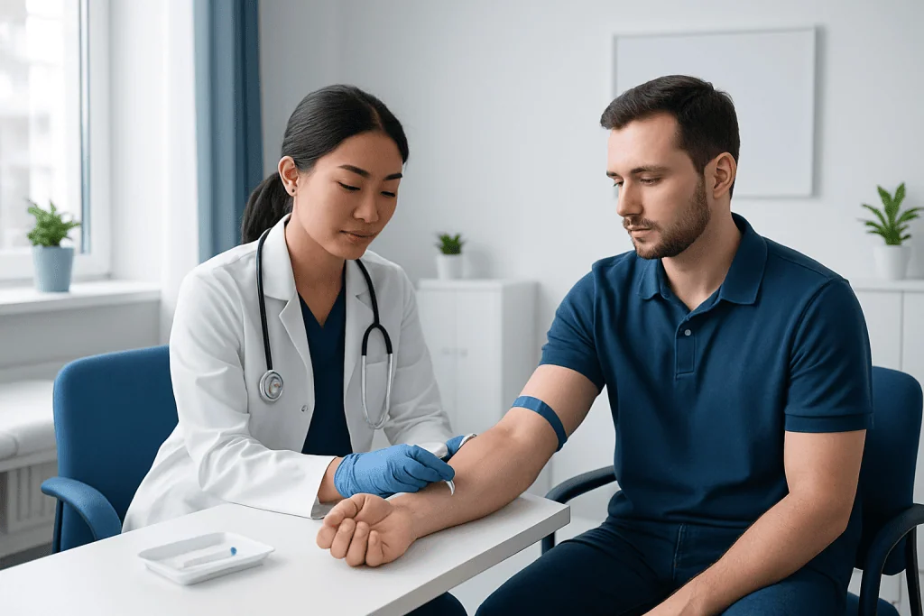 Doctor taking blood sample from male patient in clinic setting.