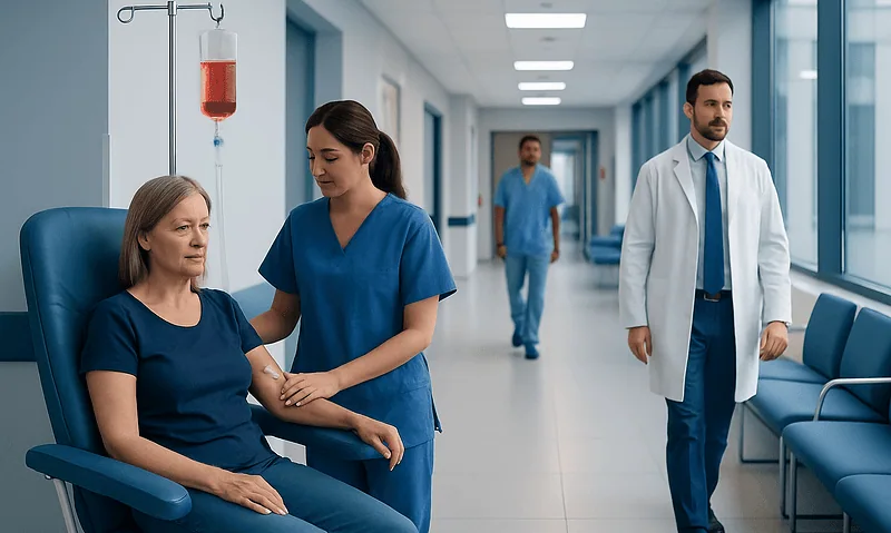 Patient receiving blood infusion in hospital corridor with medical staff nearby.