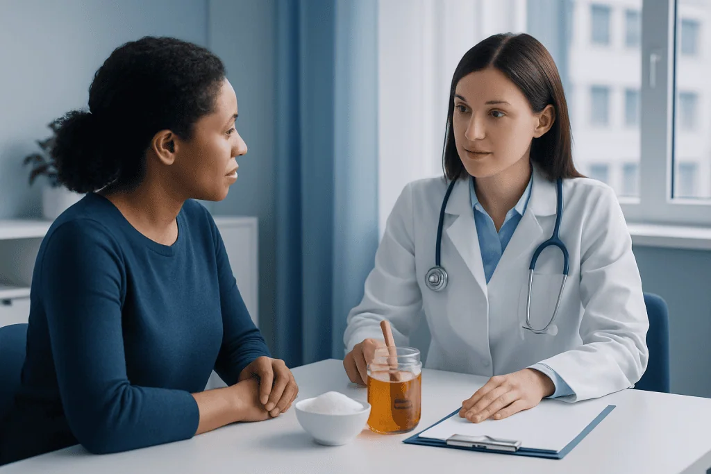Doctor consulting a patient about health in a medical office setting.